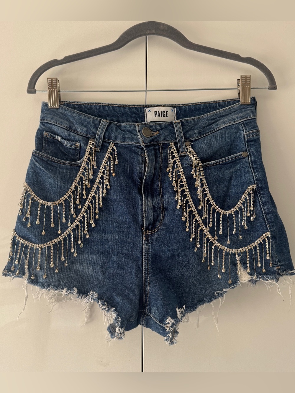 PAIGE Dark Blue Denim Shorts with Silver Beaded Rhinestone Fringe